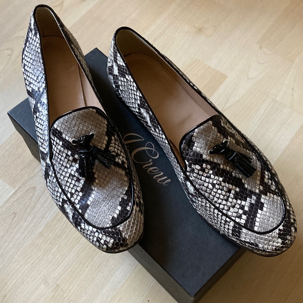 J. Crew Charlie Snakeskin Pattern Loafers - Black and Ivory Sz 10